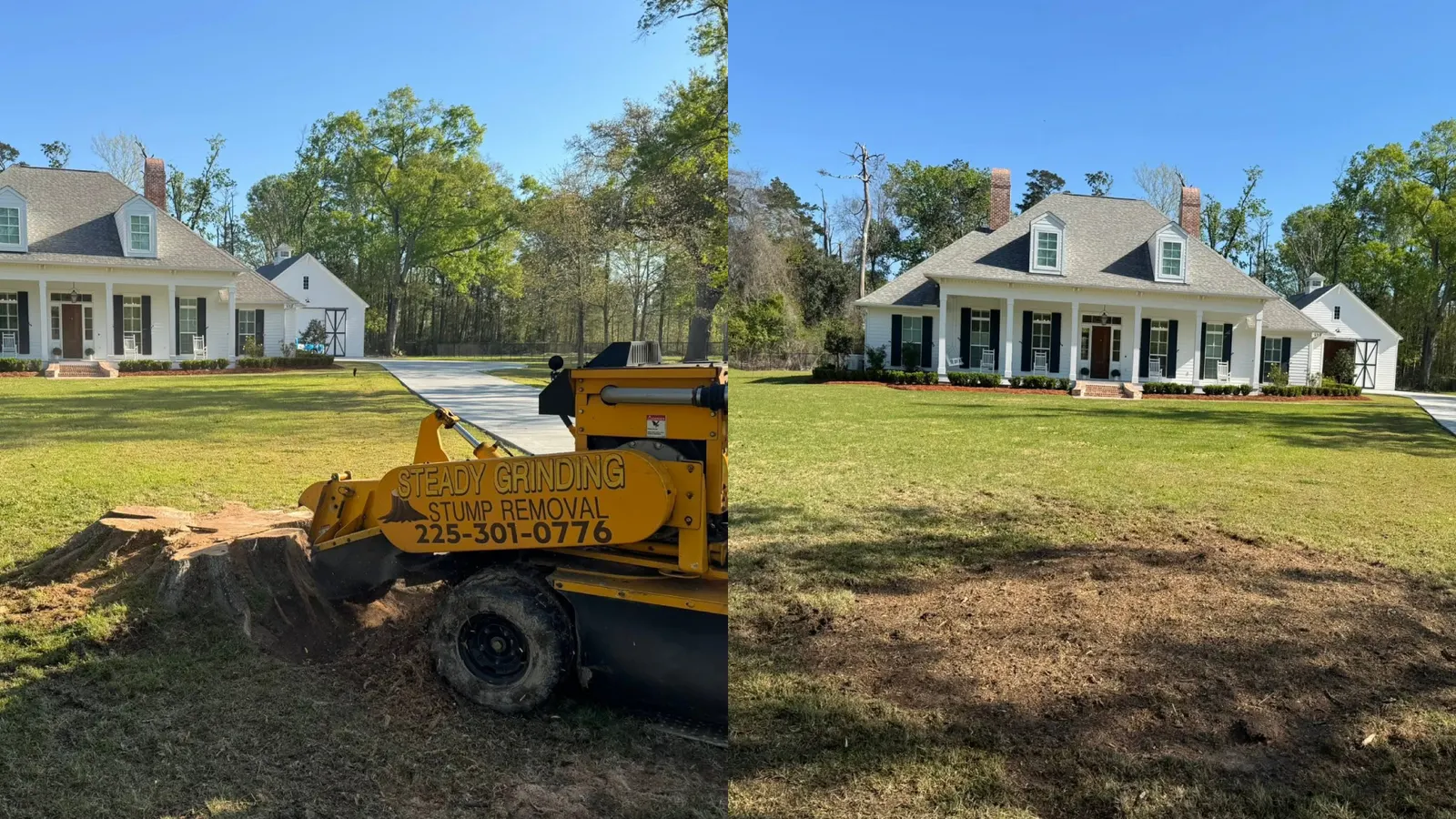 Front yard stump grinding in front of a southern-style home, before and after